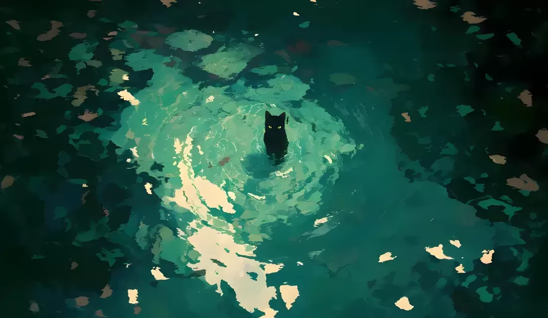 黑猫壁纸｜水面倒影背景图片 – 静谧夜影-零次元