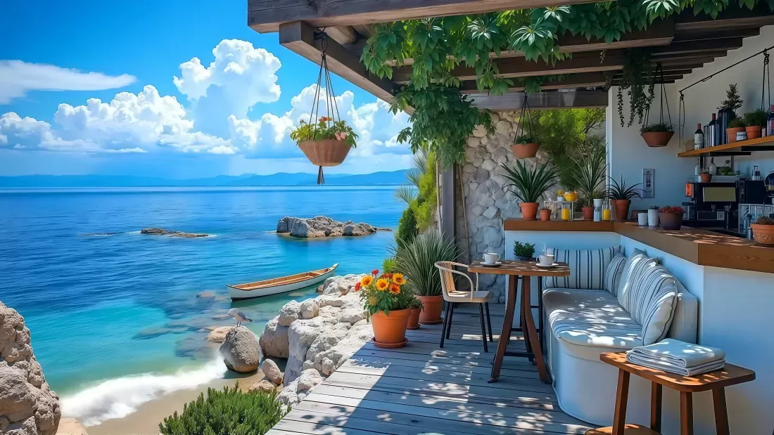海边休闲小吧壁纸｜碧海蓝天背景图片 - 夏日-零次元