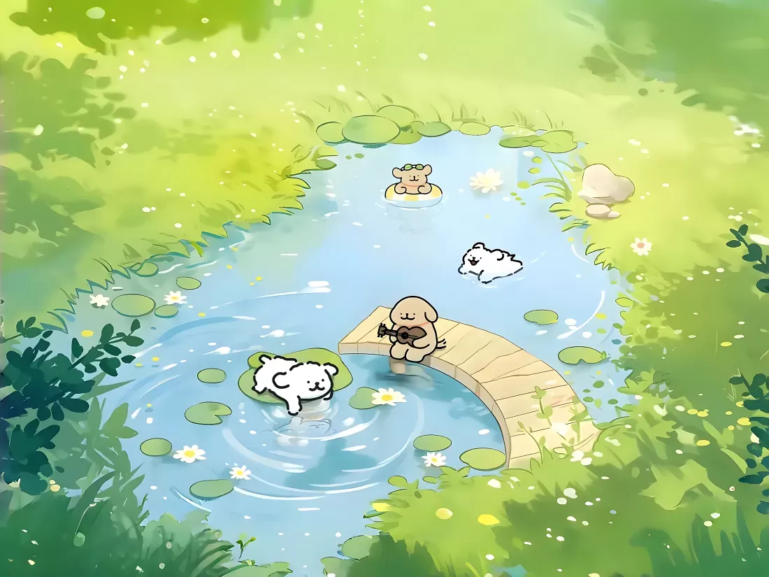 夏天壁纸-动物插画壁纸和小桥-夏日小景壁纸推荐-零次元