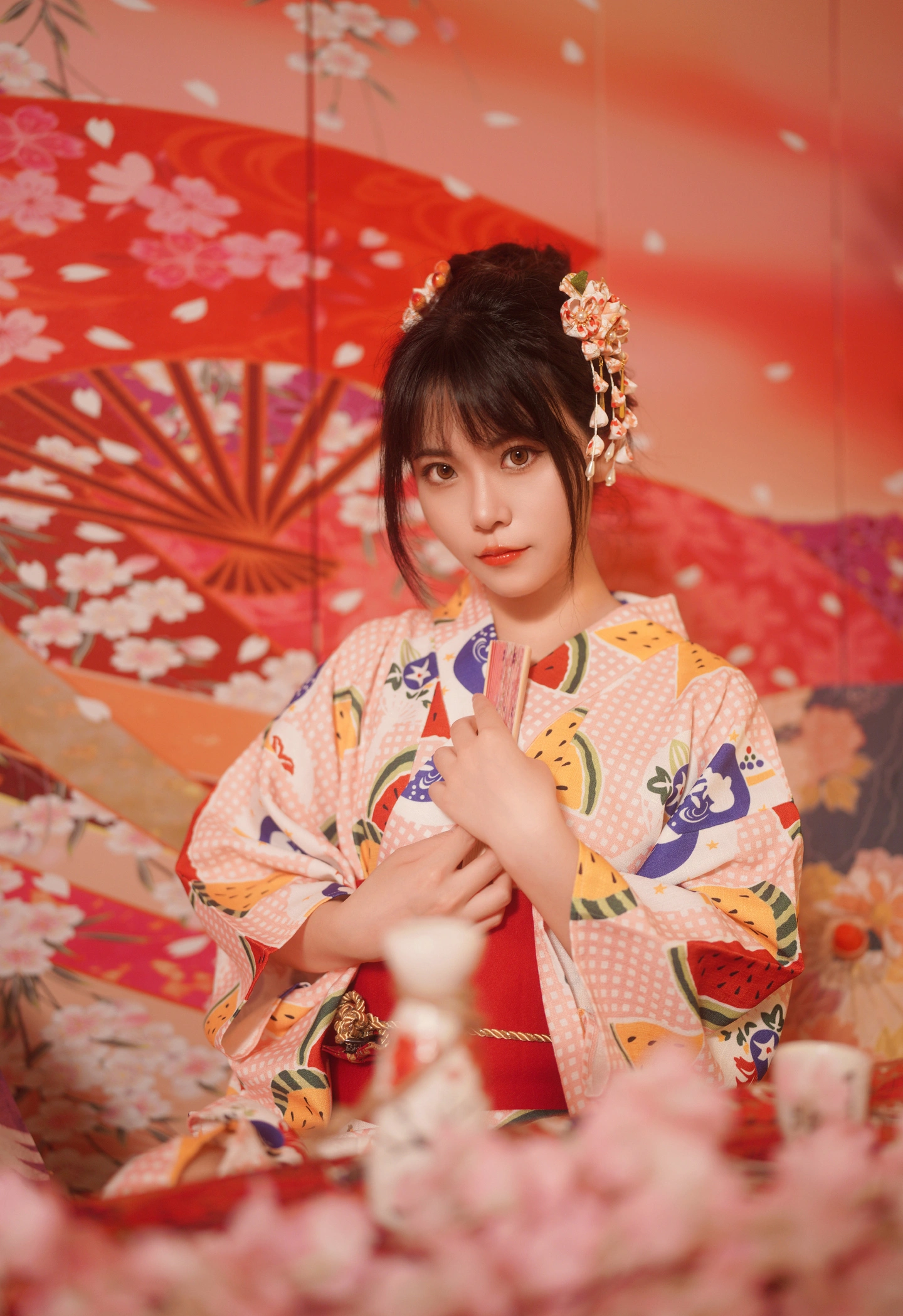 西瓜浴衣  夏日和服少女写真